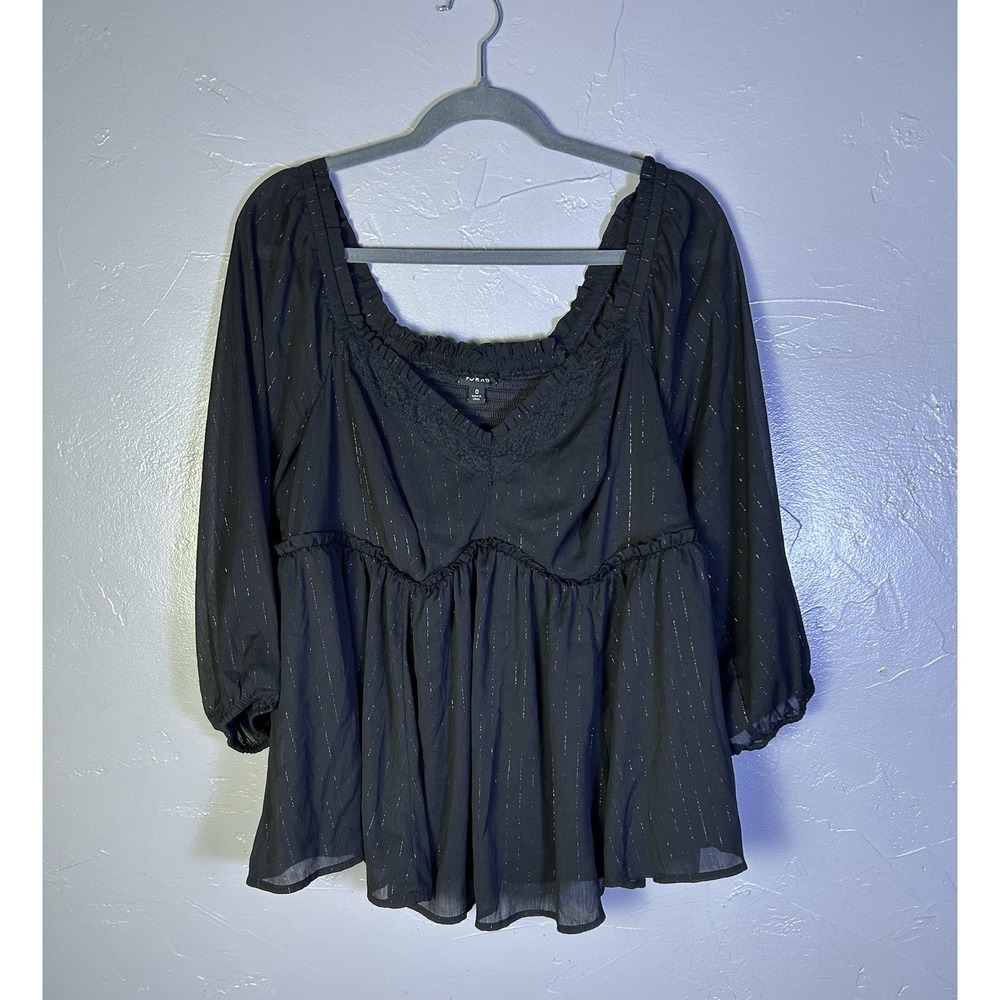 Torrid Blouse size O Black Metallic Babydoll Crinkle Chiffon Blouson Sleeve Top